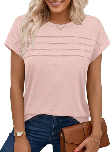 Chicrise Sleeveless Tops for Women UK Summer Pleated Crew Neck T Shirts Sleeveless Casual Blouses Light Pink Means 12-14
