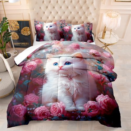 Bettdecke 140X200 4 Jahreszeiten Steppdecke Mit 200Gsm Mikrofaser Füllung, Antiallergisch & Waschbar, Leichte Ganzjahresdecke Mit 2 Kissenbezügen,3D Druck Weiße Katze