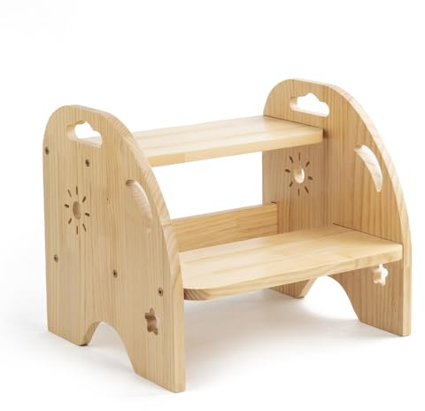 Tritthocker Kinder Holz 2 Stufen – Rutschfester Kinderhocker mit Griff – 200kg Belastbarkeit für Küche & Bad ab 3 Jahren