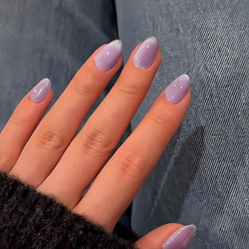 SXVME Soft Gel Press on Nails Extra Short Oval, 30 Pcs Pastel Purple Cat Eye False Nails Short Almond, Glitter Glass Lavender Fake Nails Set, Reusable Shiny Bling Stick on Nail for Women Small Sizes