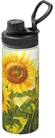 Bouteille d'eau isotherme en acier inoxydable avec motif tournesols et fleurs aquarelles - Bouteille isotherme avec poignée de transport - Pour sport, école, voyage, salle de sport