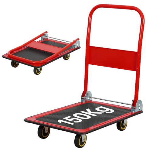 Panana Platform Truck, Foldable Trolley with 150kg Load Capacity, Push Hand Cart, Flat Bed Moving with Swivel Wheels for Loading and Storage Red