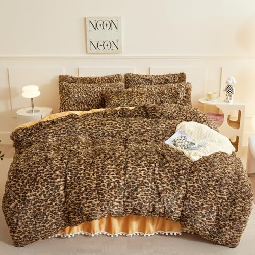 HAIHUA Fluffy Cheetah Print Comforter Cover Full Size Set, Soft Furry Plush Cheetah Print Bedding Full Size 3 Pieces (1 Fuzzy Duvet Cover + 2 Faux Fur Pillow Cases) Fluffy Bed Set, Zipper Closure