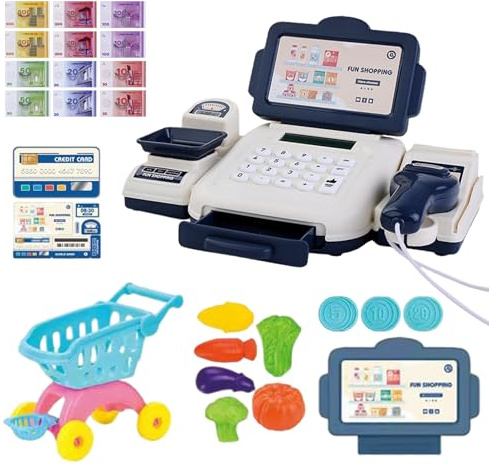 Registratore di cassa giocattolo con simulazione scanner Registratore di cassa per bambini con soldi finti, calcolatrice, carta di credito, cibo, giochi di finzione per ragazzi e ragazze, giocattol