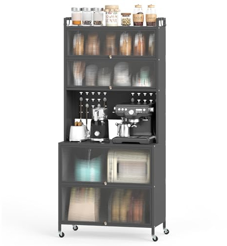 KOMFOTTEU Aparador de Cocina 5/6 Niveles, Mueble Buffet con Puertas Transparentes, Soporte para Microondas de Metal con 4 Ruedas, Alacena Alta con Panel de Perforaciones (80 x 40 x 178 cm, Gris)