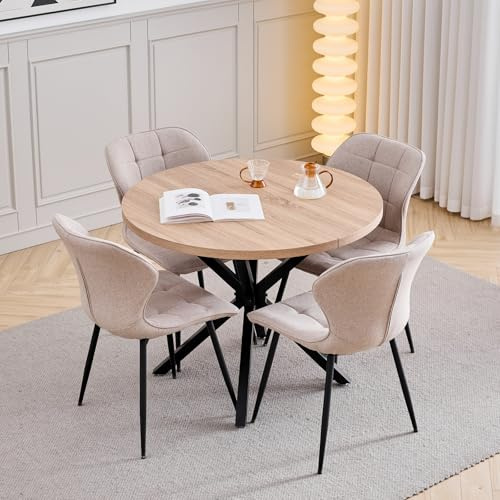 GrandCA HOME Set Tavolo e Sedie da Pranzo, 4 Sedie da Pranzo in Lino Color Kaki e un Tavolo Rotondo Moderno da 100 cm, Adatto per Cucina, Soggiorno, Caffetteria - Colore Chiaro