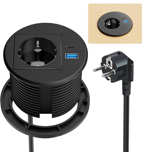 Inbyggt uttag med USB-C PD 20 W, inbyggt uttag med USB-A för skrivbord och hemmakontor, kabel 2 m, Ø 80 mm, svart