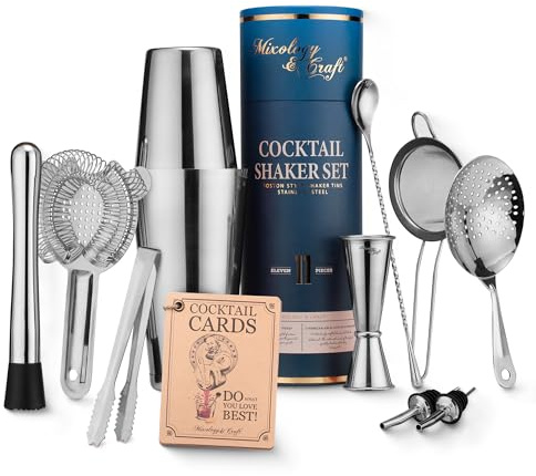 Mixology & Craft Cocktail Shaker Set - 11-Piece Bartender Kit With Weighted Boston Shaker, Muddler, Spoon & Tongs - Cocktail Making Mixer Gift Set Silver