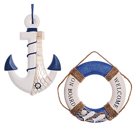 2 Pack 13 Nautical Beach Wooden Ship Wheel and 13 Wooden Anchor with Rope Nautical Boat Steering Wheel Rudder Anchor Wall Art Decor Door Hanging Ornament Beach Theme Home Decoration (Dark Blue)