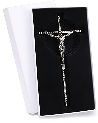 DCCXN Kruzifix-Wandkreuz, katholisches silberfarbenes Metall-Kruzifix mit individueller Gravur für Heimdekoration – 25,4 cm