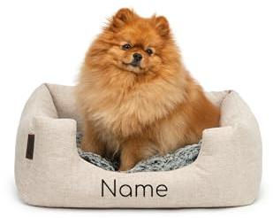 lionto Hundekörbchen mit Wendekissen, 60 x 50 cm, Beige, personalisiert