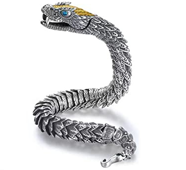 Fnjuucw Snake Chain Bracelet, Luxurious Styling Old Metal Copper Zodiac Snake Totem Hook Clasp, Hip Hop for Men Women Accessories (7.48in)