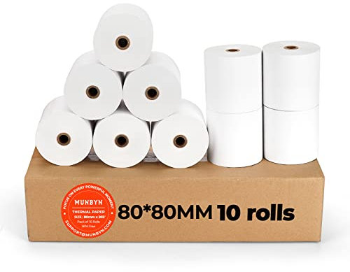 MUNBYN 10 Stück Thermorollen 80mm x 80mm x 12mm, Kassenrollen 80mm Thermo, Bonrollen Thermo, Thermopapier für Bondrucker Thermodrucker Bankomat und Kredit-Kartenlesegeräte