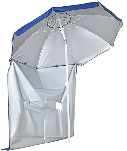 Outsunny Strandschirm mit Seitenwand Ø191 x 211 cm neigbarer Sonnenschirm mit 2 Taschen und 2 Fenster, Marktschirm mit 8 Streben inklusive Tragetasche, für Garten Blau