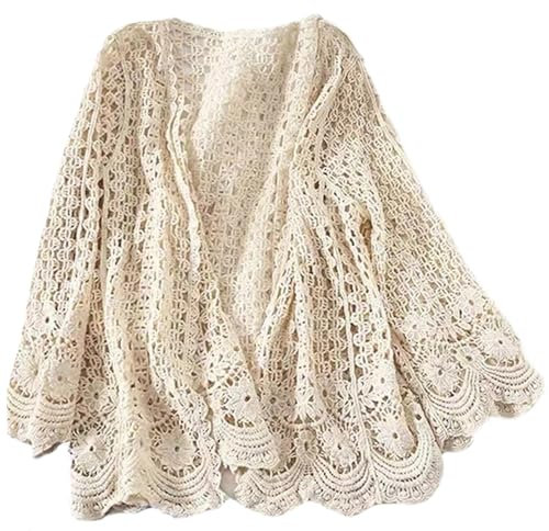 XJKLBYQ Cardigan à Manches Longues d'été pour Femmes, Couverture Florale en Tricot en Tricot au Crochet, Coton crémeux Blanc Ouvert à l'avant fique