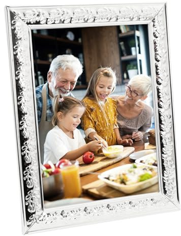 Happy Homewares Classic Rectangular Silver Plated Metal 5 x 7 Picture Frame with Chic Floral Border | Black Velvet Backing | Free Standing Only