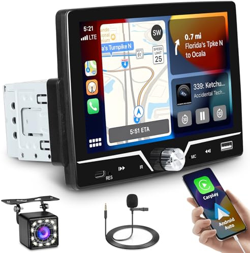Ohradio 1 DIN Radio Coche con CarPlay Android Auto, Bluetooth Autoradio con Pantalla táctil de 7 Pulgadas, Radio de Coche con FM USB Type-C SWC EQ Enlace Espejo Cámara Trasera + Mic