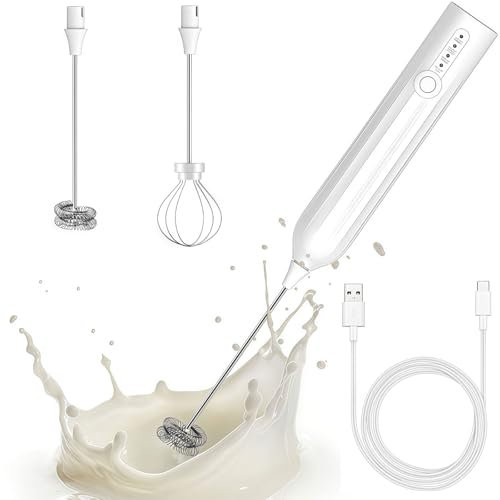 Mini Fouet,Mousseur a Lait USB Rechargeable Portable,Fouet Mélangeur à Mousse,Mousseur à Lait Électrique pour Café,Chocolat Chaud,Facile Nettoyer,Réglable en 3 Vitesses,Blanc