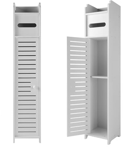 Bathroom Floor Cabinet, Tall Slim Multifunctional Floor Cabinet with Daily Use Layer and 1 Cupboard Door, for Store Toilet Paper,Shampoo, for Living Room, Hallway, Waterproof Toilet Cupboard, White