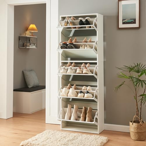 [en.casa] Schuhschrank Lund Schuhkipper mit 5 Klappen verspiegelt Schuhkommode für 20 Paar Schuhe 169 x 60 x 24 cm Weiß