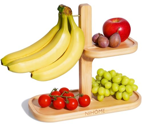 NiHome Steel Hook Bamboo Banana Holder Stand, 2-Tier Fruit Basket Bowl with Banana Hanger Hook for Kitchen Counter, Fruit and Vegetable Storage Organizer