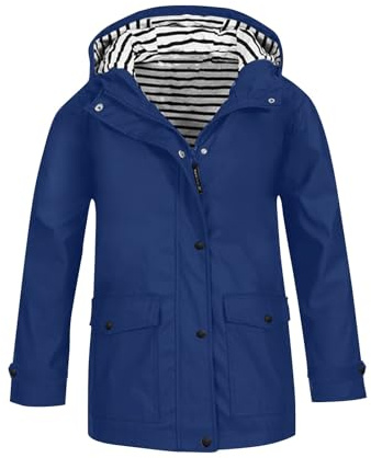 Gefütterte Regenjacke Mädchen Wasserdicht Regenmantel mit Gestreifte Kapuzen Winddicht Softshelljacke Reißverschluss Leichter Windbreaker Langarm Mantel Windjacke