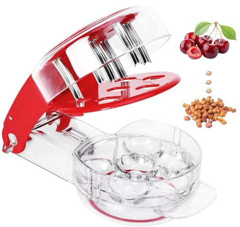 Cherry Pitter - Multi Cherry Stoner Remover,Stainless Steel Cherry Pitter Tool with Rod Pits and Juice Container Fruit Tools,Cherry Stone Seed Removal Core,Easy Squeeze with Grip 6 Cherries Red