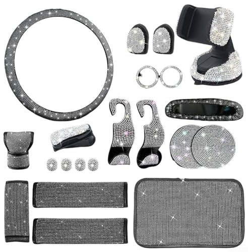 Set di 21 accessori per interni auto con copertura per volante in ultra velluto e strass, cuscinetti per cintura di sicurezza, supporto per telefono con diamanti caldi, costa completa con diamanti
