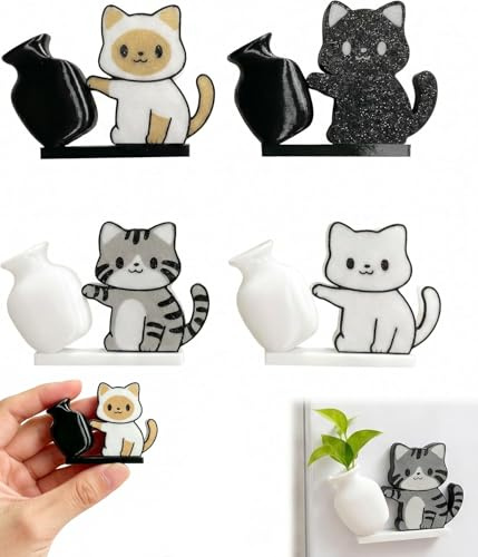 KAHZOR Set 4 Mini Jarrones para Bigotes de Gato – Imanes Decorativos para Nevera, Versátiles de Gato para Flores y Decoración de Espacios como Salón, Cocina, Regalo Original para Amantes de los Gatos