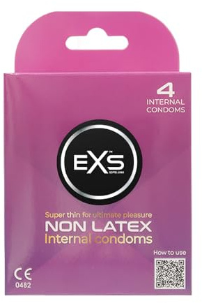 EXS Interne Kondome für Frauen (4er-Pack) – Latexfrei, dünn, mit Gleitmittel ohne Spermizid, sicherer Sitz mit Spitzenbändchen, vegan (PETA), CE-gekennzeichnet, Deutsch Entwickelt, 3 J. Haltbarkeit