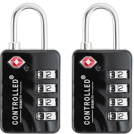 Controlled Security TSA Approved Luggage Locks - Pack of 2 - Black 4 Digit Combination Locks for Luggage, Backpacks & Lockers