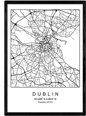 Nacnic Lámina mapa de la ciudad Dublin estilo nordico en blanco y negro. Poster tamaño A3 Enmarcado con marco negro Impreso papel 250 gr. Cuadros, láminas y posters para salon y dormitorio