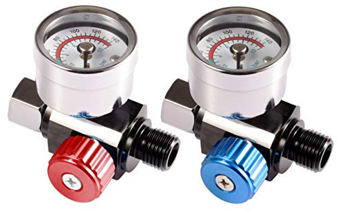 Dynastus 2 PCS 1/4-NPT Air Pressure Regulator Kit, Red & Blue, Air Adjusting Valve Regulator with Gauge for Spray Guns and Pnuematic Tools
