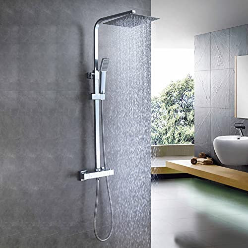 Bathroom Thermostatic Valve Shower Mixer Set, Handheld Shower and with Adjustable 8 Overhead Rainfall Shower Taps, Twin Head & Body Chrome Plated Set