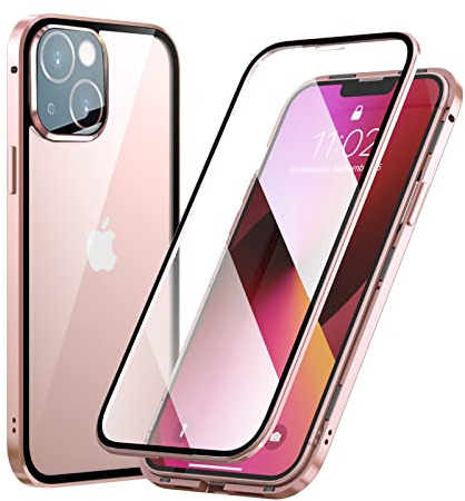 MIMGOAL Funda Magnética de Doble Cara para iPhone 13 Mini Carcasa Protección de 360 ​​Grados [Cristal Templado Case] con Protector de Pantalla Incorporado y Protector de Lentes de Cámara Rosa