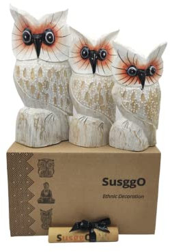 SusggO Set di 3 statuette di animali in legno, gufo portafortuna, gatto della fortuna, tartaruga, pesce, decorazioni, intagliato a mano, decorazione per mobile (3 Gufi Ali Bianchi Pois Mod 1)