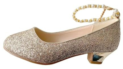 La Señorita Chaussures de mariée, de communion, chaussures festives dorées avec perles, chaussures à talons pour filles