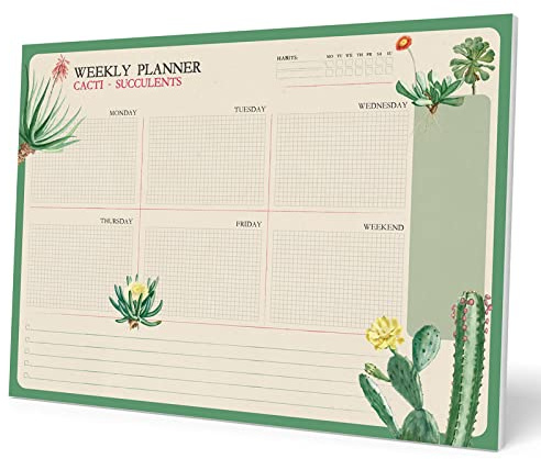 Grupo Erik Wochenplaner Tischkalender Block A4 - Kalender Planer Botanical Cacti Tischplaner A4 ohne festes Datum - Schreibunterlage auf Englisch
