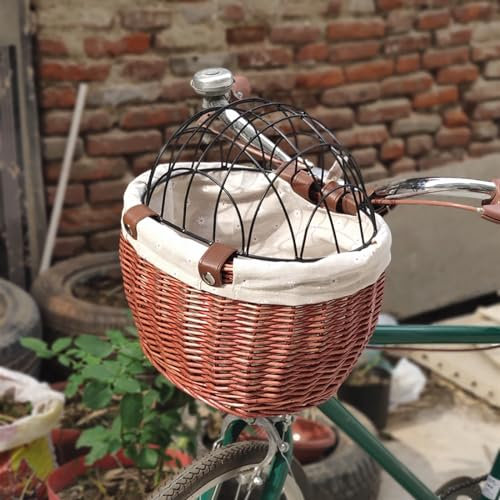 SBCWH Fahrrad Haustierkorb, Weiden Fahrradkörbe, Haustierträger, Fahrrad Vorderkorb mit Drahtgeflecht Abdeckung für Kleine Hunde und Katzen, leicht abnehmbar, Rattan-Aufbewahrungskorb(Color:Brown)