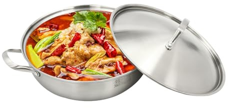 Fyssnn 26cm/30cm/32cm 304 Stainless Steel Wok Non Stick Hot Pot with Lid Hot Pot Wok with Lid Induction Suitable for Induction Cooktops Gas Cooktops Ovens Up to 500°F etc (30cm)