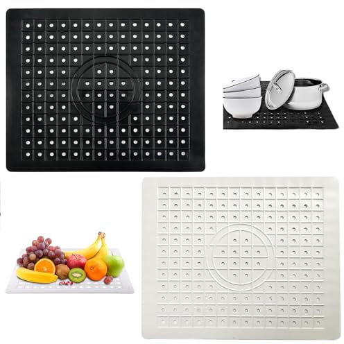 Sink Protector Mat, 2 Pcs Kitchen Sink Mat, 31 x 26 cm Anti Slip Sink Protector Mat Soft Rubber Kitchen Sink Mat for The Kitchen Sink or Countertops Functional Dish Drainer(Black+White)