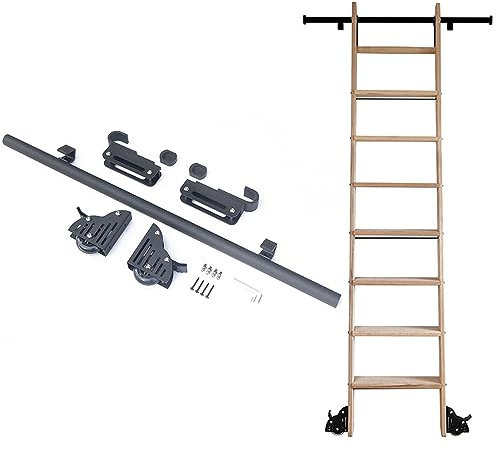 ZNGEPHAP Hardware-Set für Rollleitern mit einziehbarem Haken und rustikaler schwarzer Rundrohrschiene, 12 Fuß/3,6 m Länge, ideal für Zuhause, Innenbereich, Dachboden, Bibliothek, Schiebeleiter, Boden