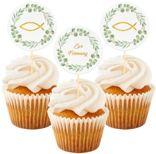 Cake Topper Firmung, 24 Stück Fisch Eukalyptus Cupcake Torte Deko, Zur Firmung Tortendeko Junge Mädchen Geschenke, Personalisiert Muffin Deko Party