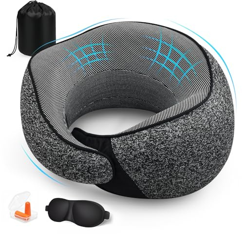 Focenat Cuscino da viaggio,Cuscino Aereo Viaggio,Cuscino cervicale da viaggio,Cuscino Cervicale Memory Foam,Include Maschera per Dormire,Tappi auricolari,Borsa,per Dormire