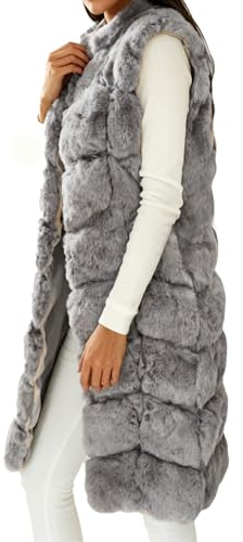 Caxndycing Chaleco de piel sintética para mujer, sin mangas, monocolor, chaleco de felpa, chaleco de piel sintética, chaleco de invierno, chaleco de pelo largo, cuello en V, chaleco de piel, gris, M