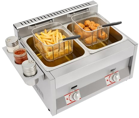 Stor dubbel gasfritös, 2 x 6 l rostfritt stål professionell fritös, kommersiell dubbel gasfritös med 2 fritös och 3 kryddkoppar, bordsfritös för pommes frites, kycklingvingar och kycklingnugget