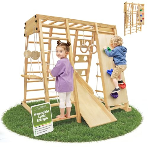 Maxi Klettergerüst Indoor & Outdoor Klappbares, 10-in-1-Montessori-Klettergerüst Wasserfestes und Schmutzabweisendes Großes Spielplatz für Kinder mit Rutsche, Schaukel, Kletterwand und Kletternetz