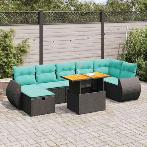 Ziaphsol 8-delat trädgårdsmöbelset med kudde, svart poly rotting loungegrupp matgrupp, balkong, utemöbler, utomhus, möbelset, soffa, fåtölj, bänk, bord, pall