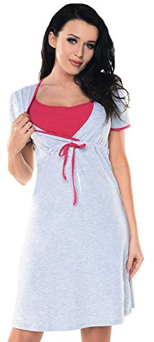 Purpless Maternity Printed and Plain Nightdress Nightgown for Pregnant and Breastfeeding Women 4044n (8, Light Gray Melange Pink)