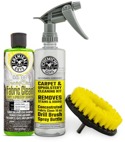 Chemical Guys Foaming Citrus Fabric Clean Drill Brush Kit - High Foaming Stain and Odor Remover, Upholstery, Floor Mat & Car Carpet Cleaner, Deep Cleans & Deodorizes, Citrus Scent - 16 fl oz